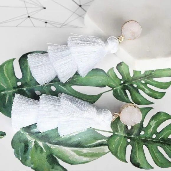 14K Yellow Gold with White Silk Thread Tassel and Quartz Druzy Post Earrings